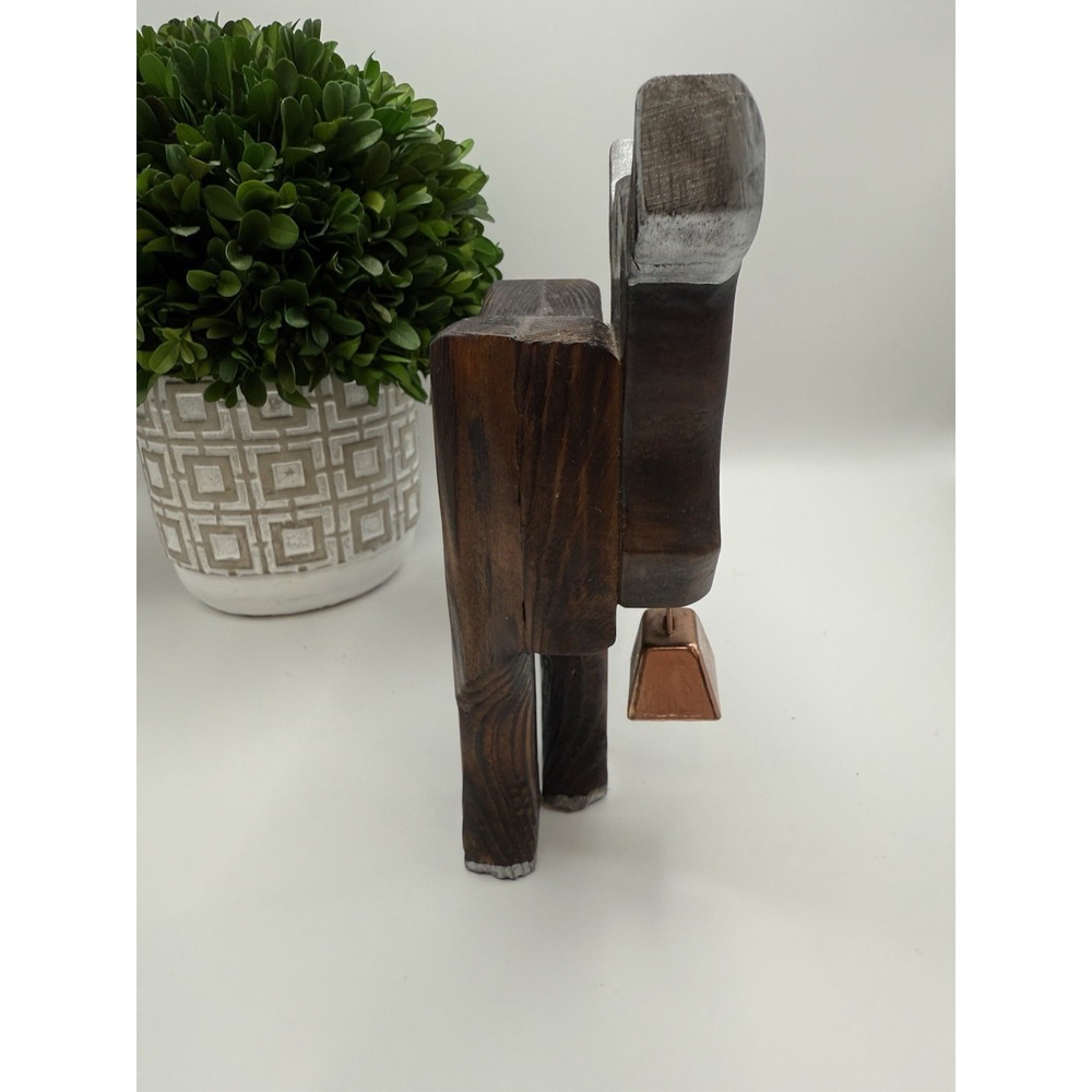 Rustic Hand‎ Carved Wooden Bull Figurine 8" Farmhouse Decor Silver Horns Bell - Picture 6 of 8
